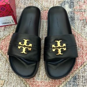TORY BURCH EVERLY ANATOMIC CLOUD PARIS NAPPA SLIDE IN BLACK & GOLD SIZE 8